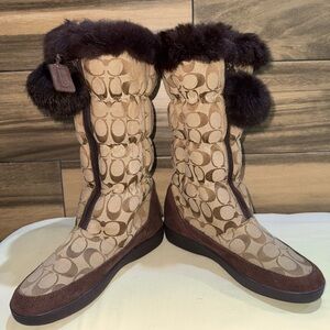 Coach Theona Y2K Signature Monogram Jacquard Rabbit Fur Brown Women’s Boots 8.5